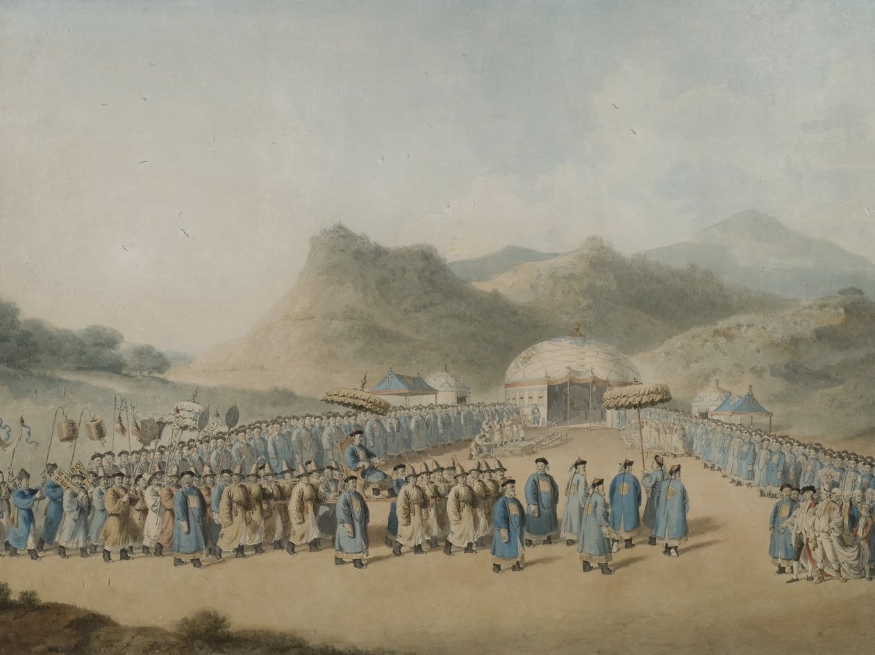 Mtazamo wa Mfalme wa Uchina kwenye hema lake huko Tartary kumpokea Balozi wa Uingereza, 1799 (wc kwenye karatasi)swed. av William Alexander