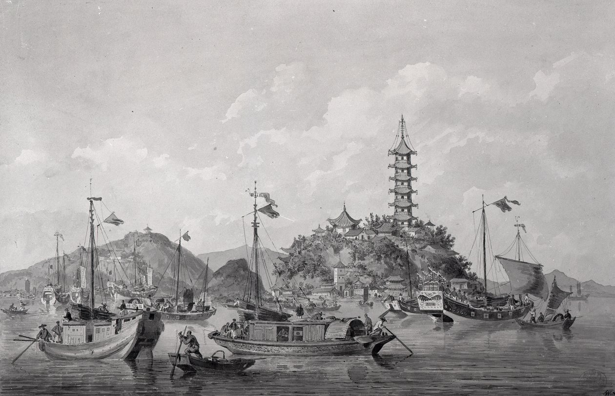 Utsikt över Golden Mountain Island i Blue River, Kina, ca 1794 (penna, bläck och tvätt) av William Alexander