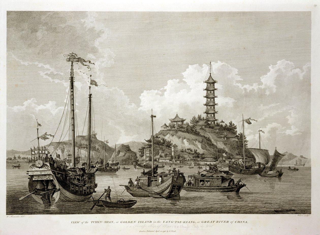 Vy över Tchin Shan, eller Golden Island, i Yang-tse Kiang, eller Great River of China, graverad av Wilson, pub. av G. Nicol, 1796 av William Alexander