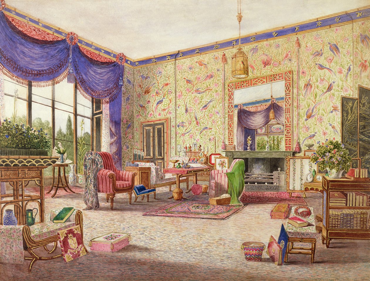 Interiören i den kinesiska salongen, Middleton Park, Oxfordshire, 1840 (se även 75147) av William Alfred Delamotte