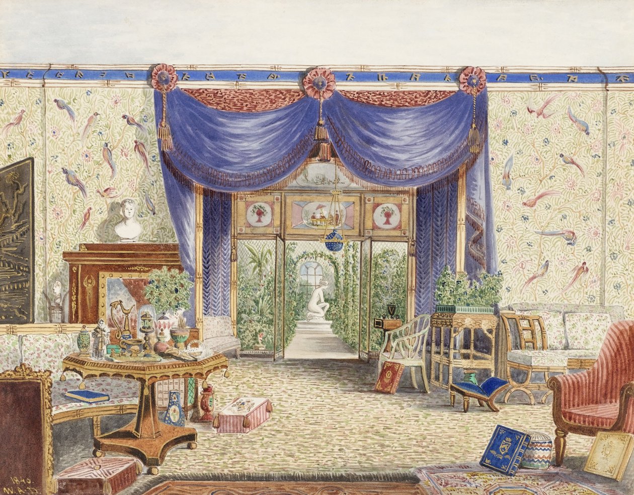 Interiören i det kinesiska rummet, med utsikt mot vinterträdgården, Middleton Park, Oxfordshire av William Alfred Delamotte