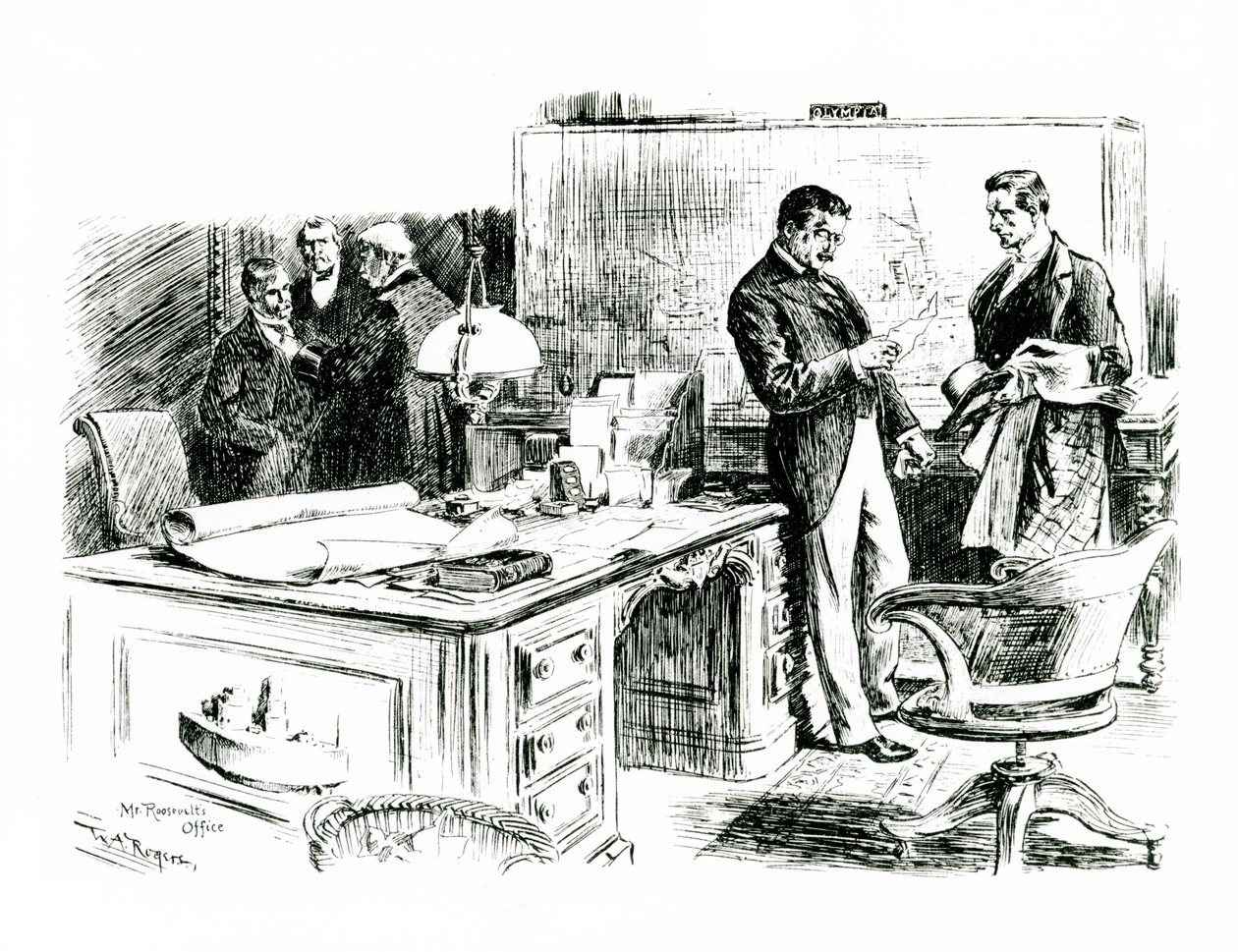Senator Lodge och biträdande utrikesminister på president Roosevelts kontor diskuterade invasionen av de filippinska öarna, 1898 av William Allen after Rogers