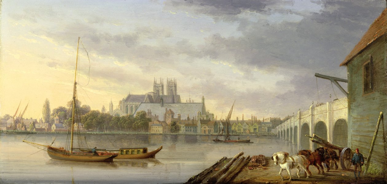 Utsikt över Westminster Bridge och Abbey från South Side, 1818 av William Anderson
