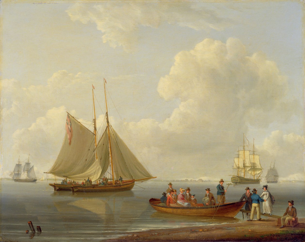 A Wherry tar ut passagerare till två ankrade paket, 1825 av William Anderson