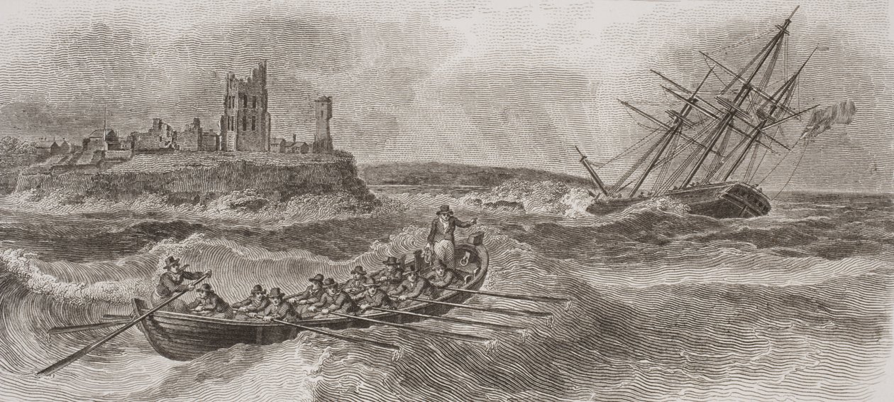 Livbåt rodd till undsättning av ett grundande segelfartyg, graverad av Thomas Milton (1743-1827) 1820 av William Anderson