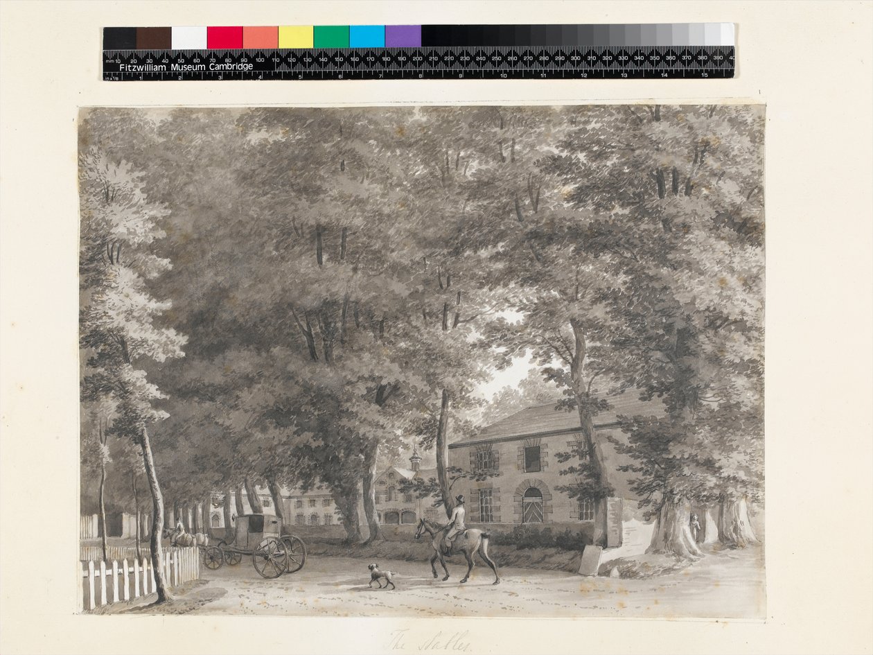 No.3933.f8 Utsikt över stallet på Lord Fitzwilliams egendom Mount Merrion, nära Dublin, 1806 (bläck och tvätt) av William Ashford