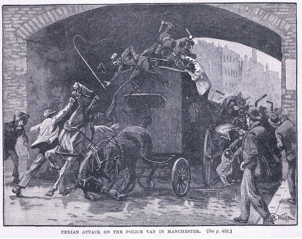 Penian attack mot polisbilen i Manchester 1867 e.Kr av William Barnes Wollen