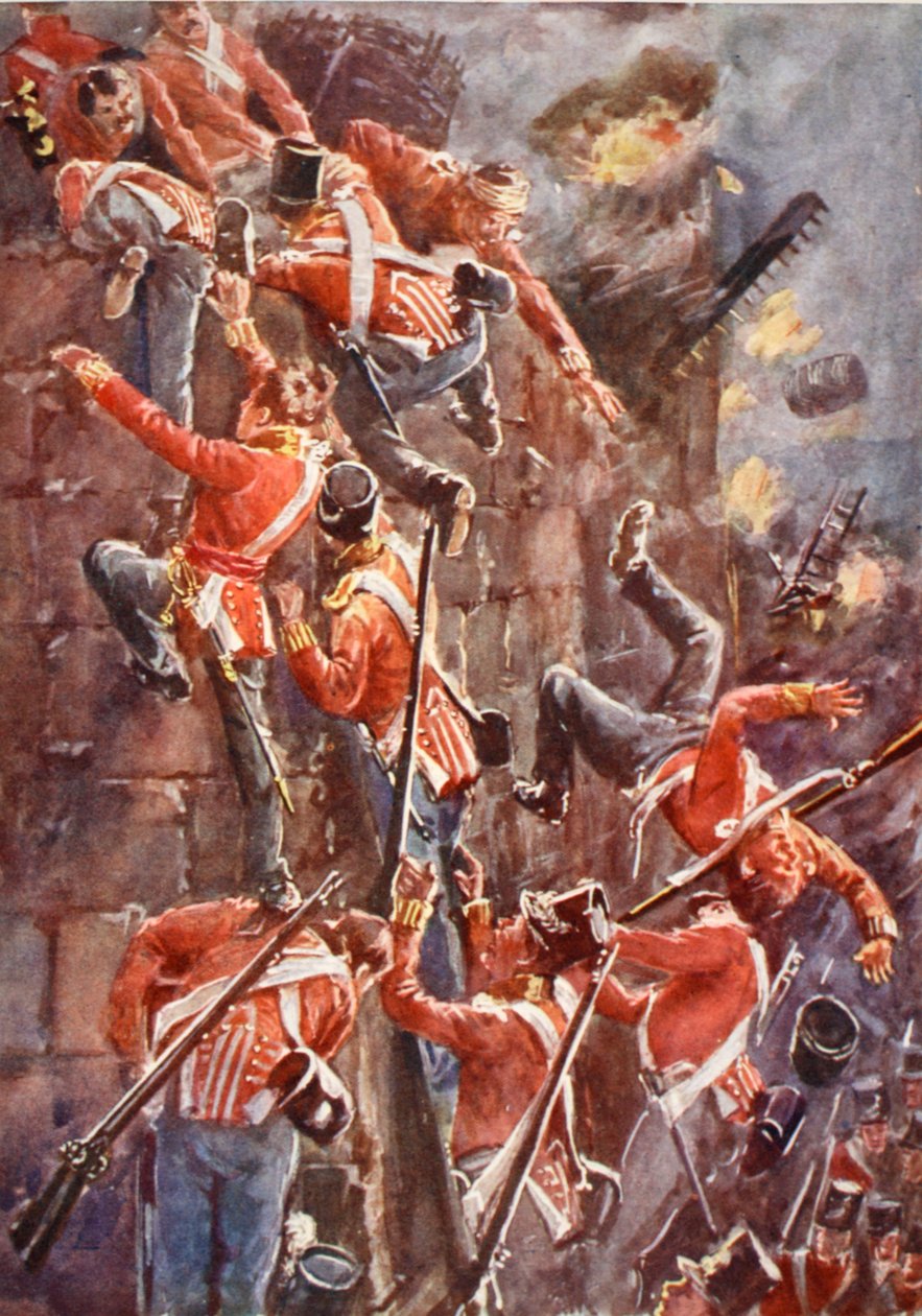 5:e divisionen stormar San Vincentes vallar med hjälp av eskaler, illustration från "Battles of the Nineteenth Century" av Archibald Forbes, G.A. Henty och major Arthur Griffiths. av William Barnes Wollen