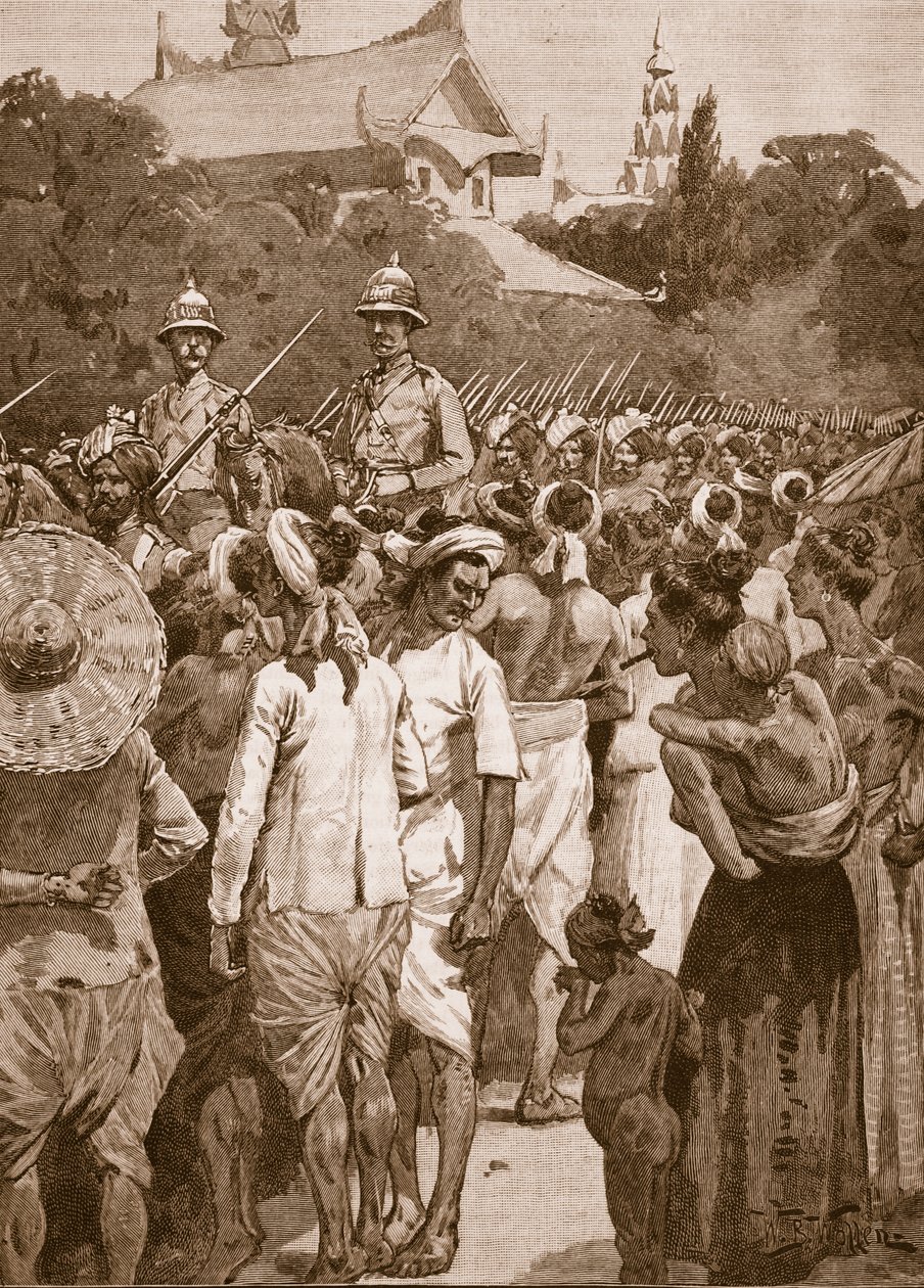 De brittiska styrkorna går in i Mandalay, 1885, illustration från "Cassell