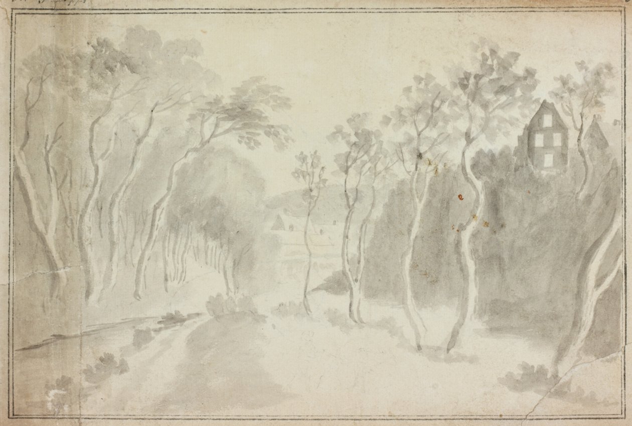 Landsväg med by (akvarell (tvätt) på papper) av William Beilby