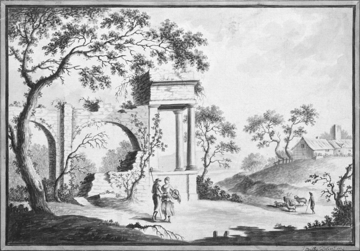 Italienskt landskap med klassiska ruiner och herdar (teckning) av William Beilby