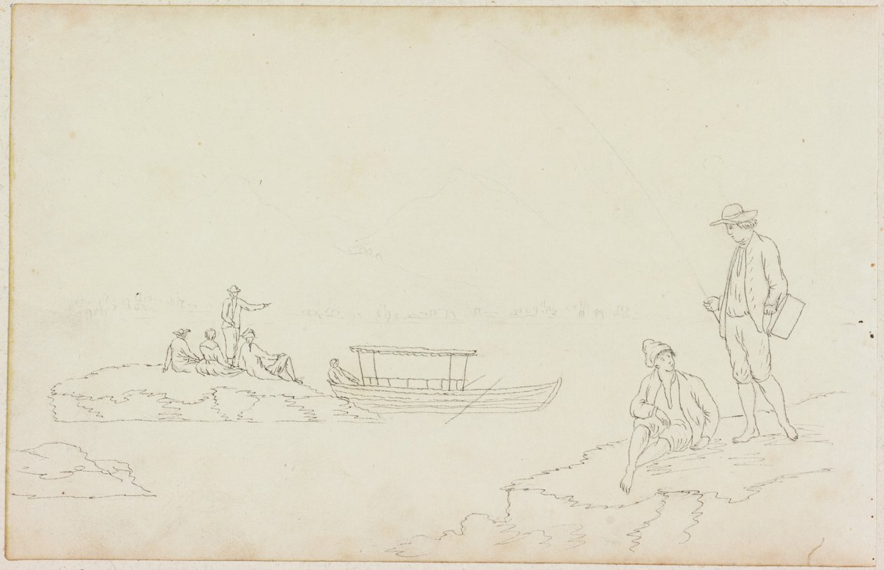 Man som fiskar och människor som slappnar av på flodstranden (blyerts på papper (på papper med M752)) av William Beilby