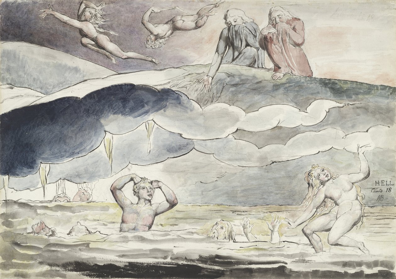 Dante och Virgil stirrar in i smickrarnas dike, illustration till "Den gudomliga komedin" av Dante Alighieri, 1824-27 av William Blake