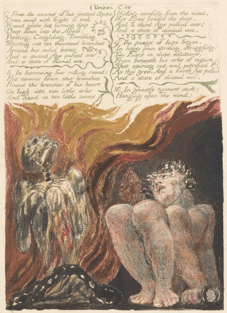 7. Från hålorna i hans ledrygg..., plåt 14 från The First Book of Urizen, 1794 (färgtryckt relief etsning med bläck och wc på papper) av William Blake
