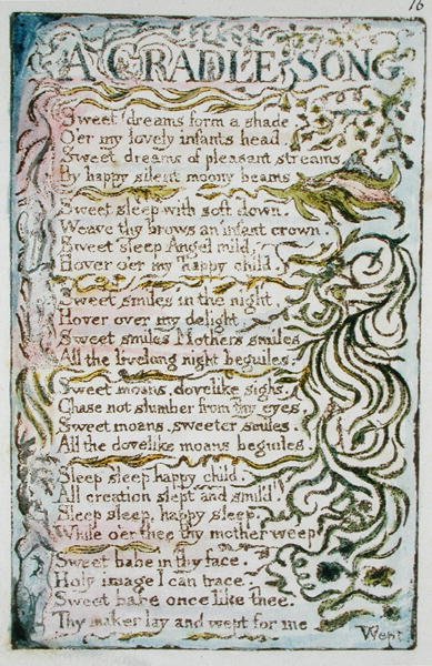 A Cradle Song, pl. 1 illustration från Songs of Innocence and of Experience (Bentley Copy L) pl.16 (Bentley 16) 1789-94 (reliefetsning med penna & wc på papper) av William Blake