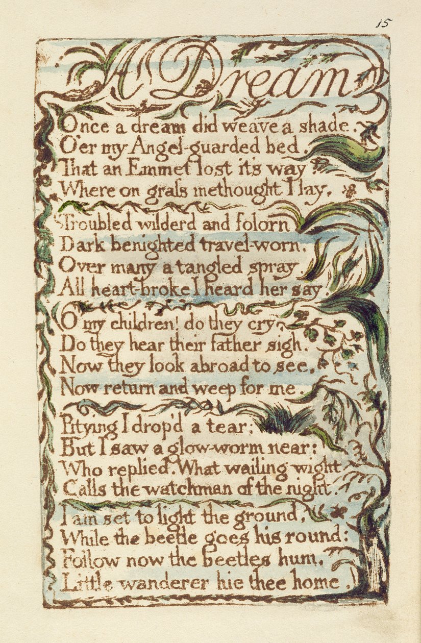 En drömillustration från Songs of Innocence and of Experience (Bentley Copy L) pl.15 (Bentley 26) 1789-94 (reliefetsning med penna och wc på papper) av William Blake