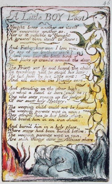 A Little Boy Lost, skylt 46 (Bentley 50) från Songs of Innocence and of Experience (Bentley Copy L) 1789-94 (upphöjd etsning med penna och wc) av William Blake