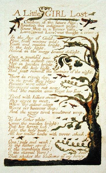 A Little Girl Lost, plåt 43 från Songs of Experience, 1789 (färgtryckt reliefetsning med wc på papper) av William Blake