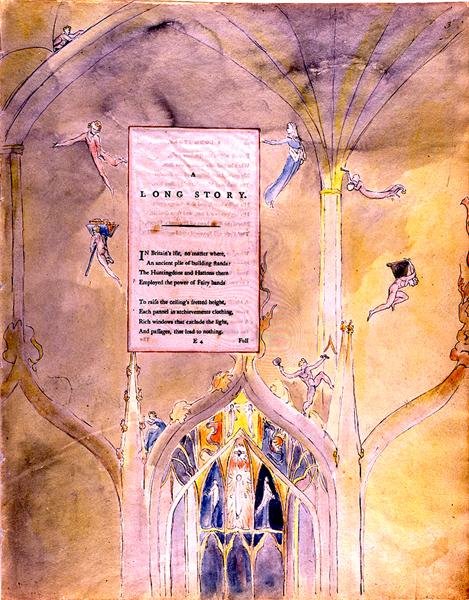 En lång berättelse, en uråldrig hög med byggnader som använde kraften från Fairy Hands, från The Poems of Thomas Gray, 1797-98 (wc och svart bläck på papper) av William Blake