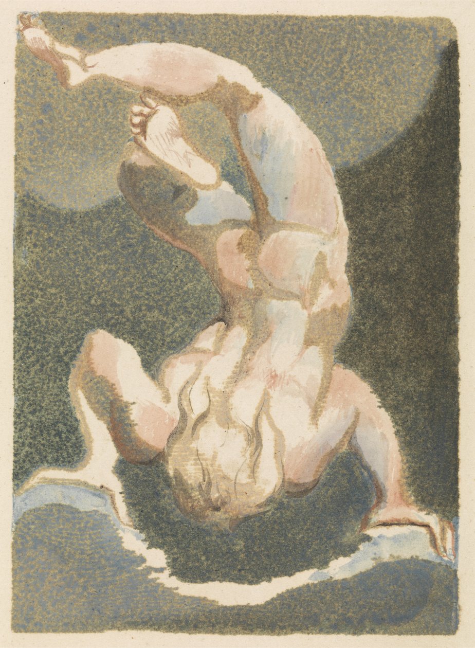 En muskulös, naken man, som verkar ha flytit ner för att vila på sina händer, huvudet nedåt, på stenar och moln, skylt 15 från The First Book of Urizen, 1794 (färgtryckt relief etsning med bläck och av William Blake