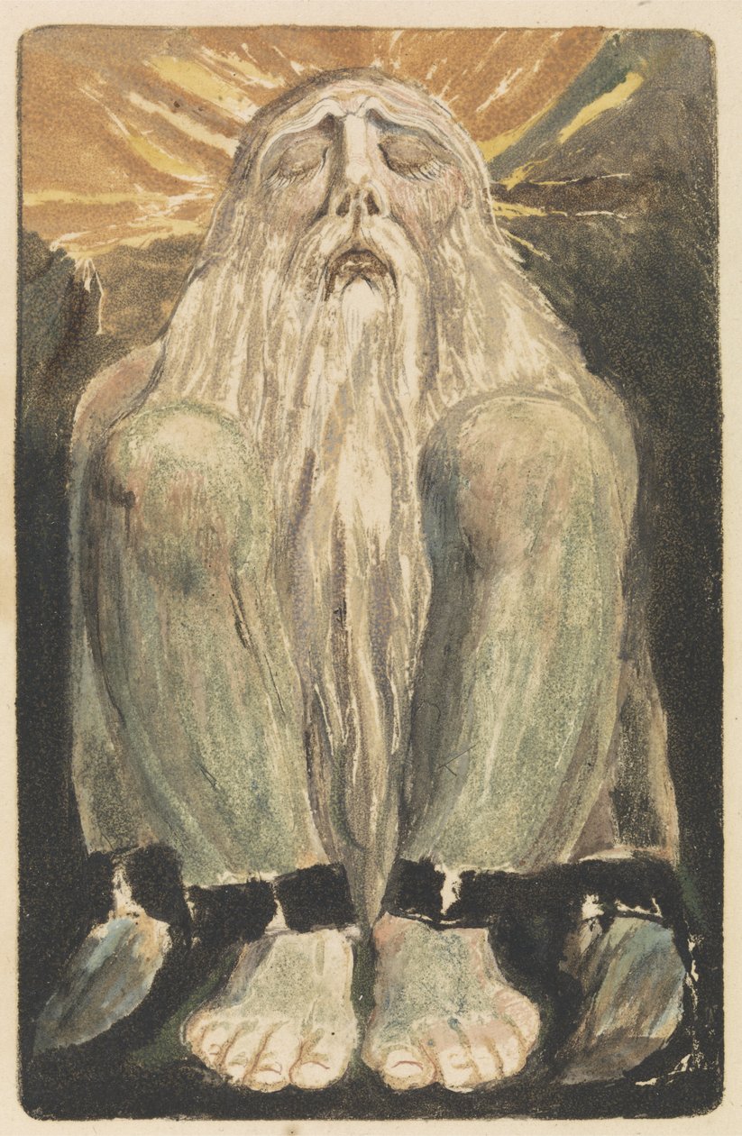 En naken man med långt vitt skägg sitter på marken med knäna upp och ögonen slutna, skylt 12 från The First Book of Urizen, 1794 (reliefetsning med wc) av William Blake