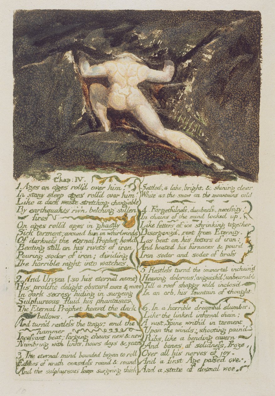 "Ålder på åldrar rullar över honom...", tavla 9 från "The First Book of Urizen", 1794 (färgtryckt reliefgrafitering med wc) av William Blake