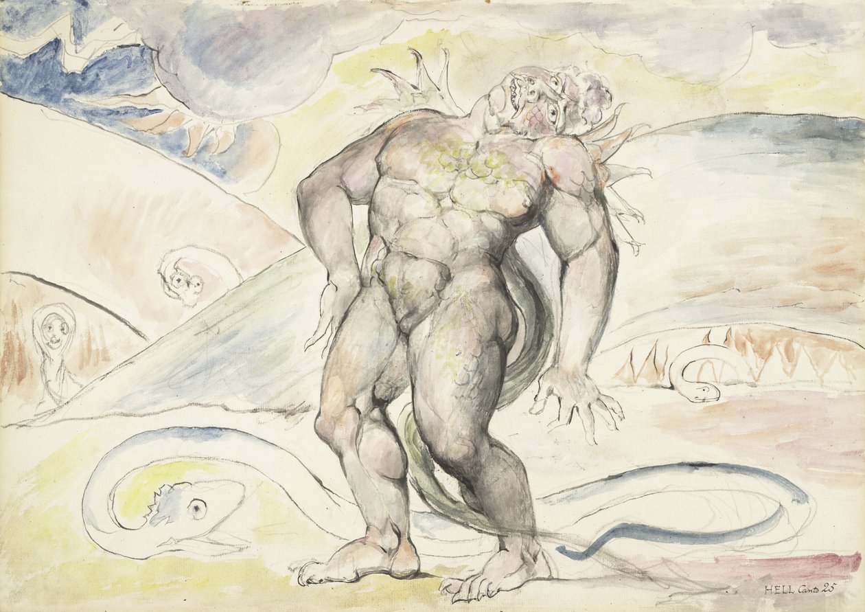 Agnello de Brunelleschi från Florens förvandlas till en orm, illustration till den gudomliga komedin av Dante Alighieri, 1824-27 (penna och bläck med wc över penna och krita på papper) av William Blake
