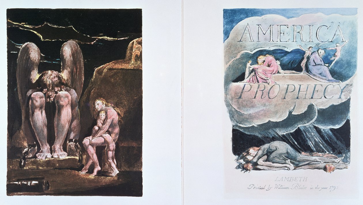 America a Prophecy: frontispice och titelsida som föreställer Orc, förkroppsligandet av energi, 1793 (reliefetsning med vit linjegravyr och akvarell) av William Blake
