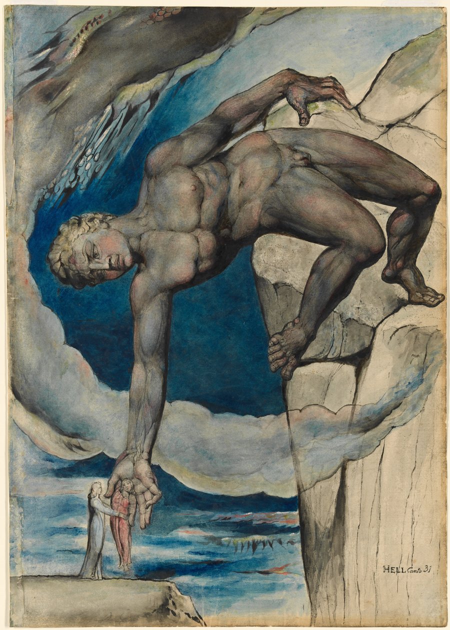 Antaeus sätter ner Dante och Virgil i helvetes sista cirkel av William Blake