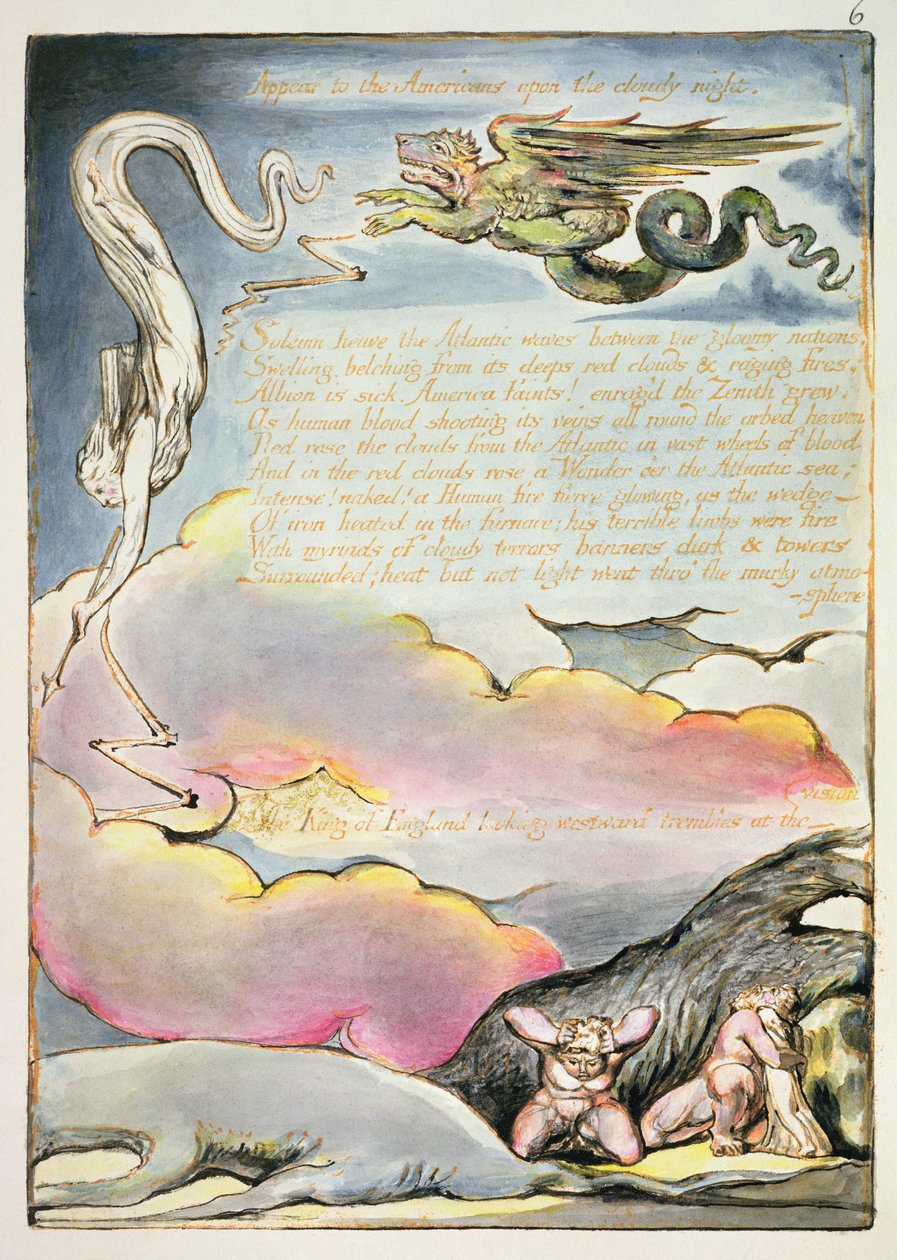 Verkar för amerikanerna, tavla 4 från "America, a Prophecy", 1793 (relief etsning och wc på papper) av William Blake
