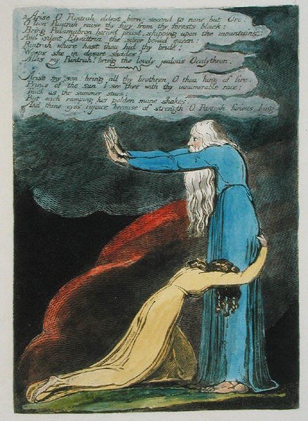 Arise O Rintrah... platta 9 från Europa. A Prophecy, 1794 (reliefradering tryckt i mörkbrunt med wc och olja på papper) av William Blake