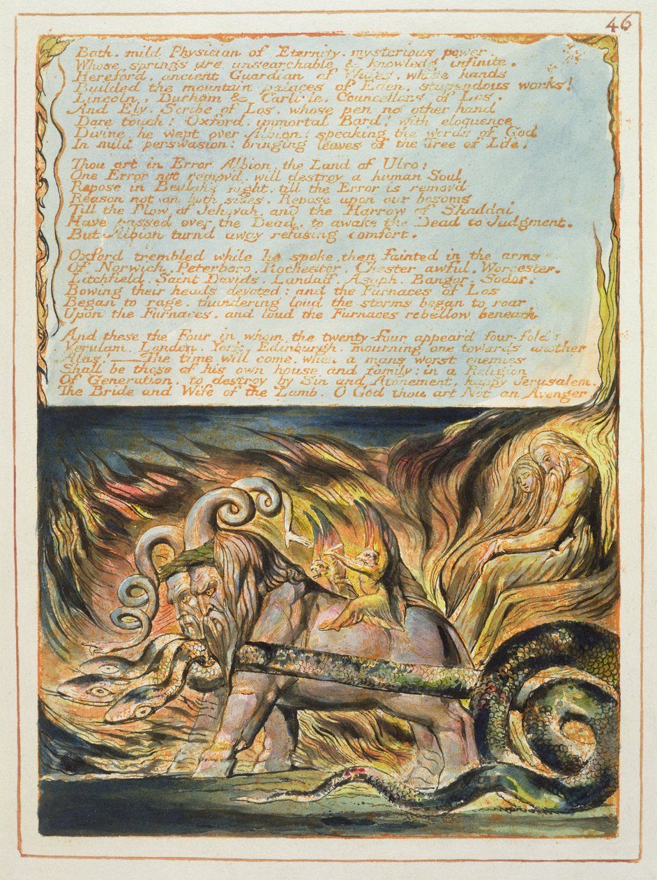 "Bath, Mild Physician...", plansch 46 från "Jerusalem", 1804-20 (reliefradering tryckt i orange med penna och wc på papper) av William Blake