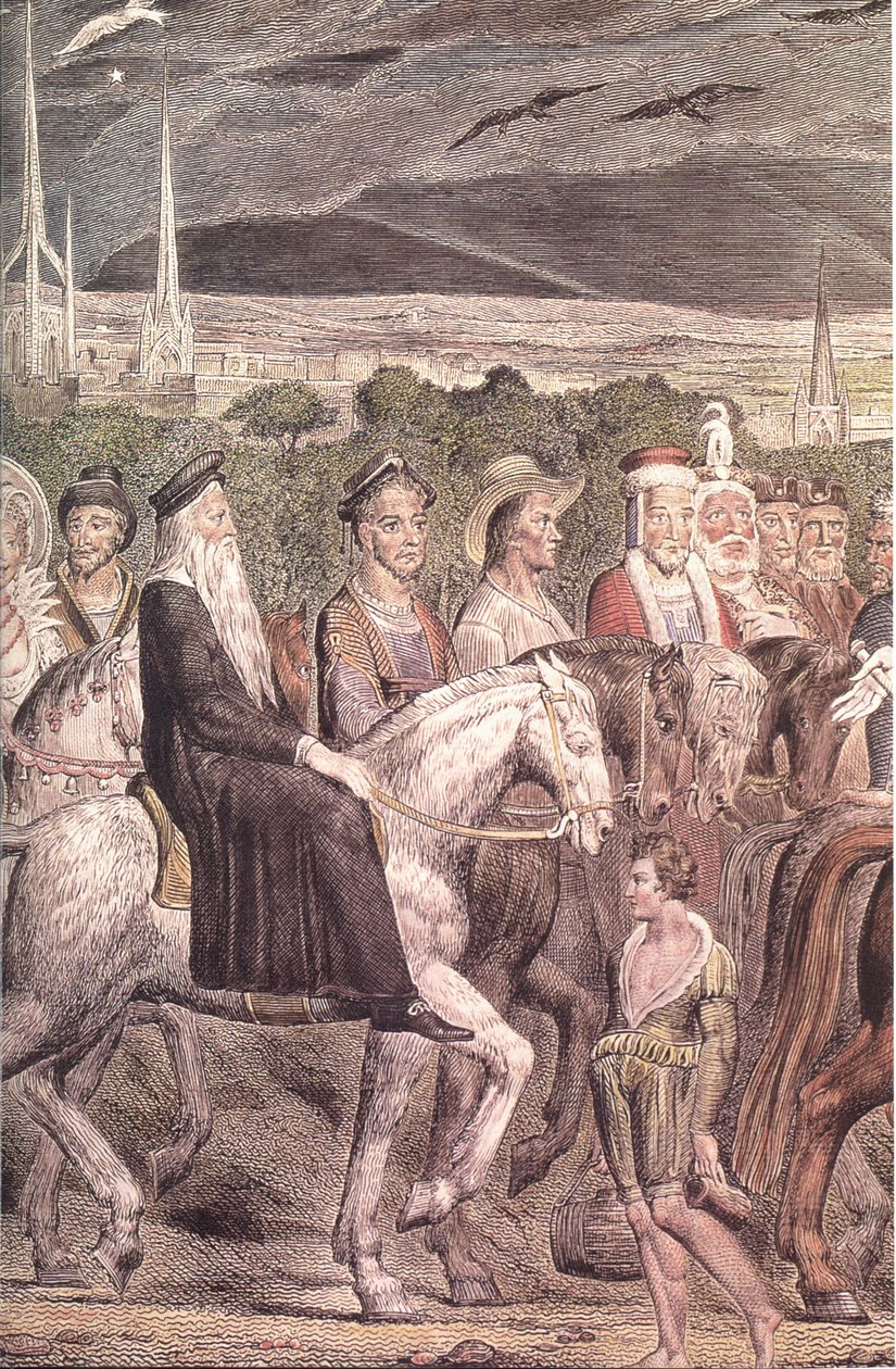 Blake-cant-pilgrims-detalj-en färgad gravyr av William Blake