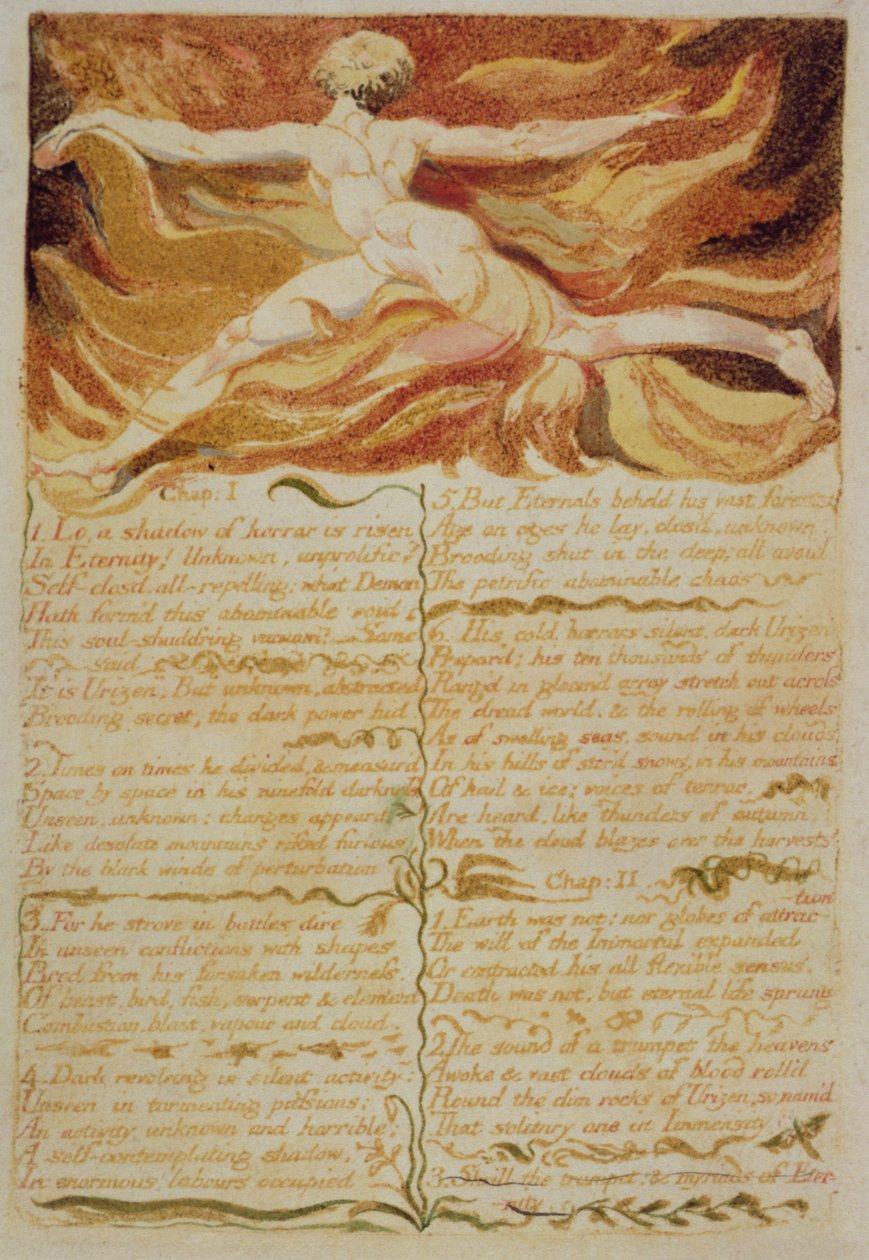 Kille. I, Lo, a shadow..., plåt 5 från The First Book of Urizen, 1794 (färgtryckt reliefetsning med bläck och wc) av William Blake