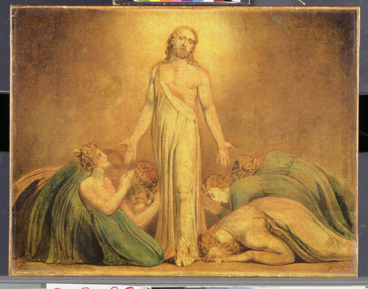 Kristus som uppenbarar sig för apostlarna efter uppståndelsen, 1795-1805 (färgtryck med wc och penna och bläck på papper) av William Blake