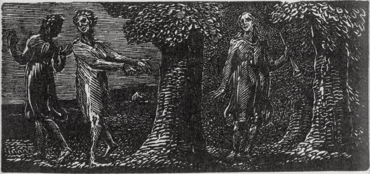 Colinet hånad av två pojkar, illustration från Dr. Thorntons "The Pastorals of Virgil" av William Blake
