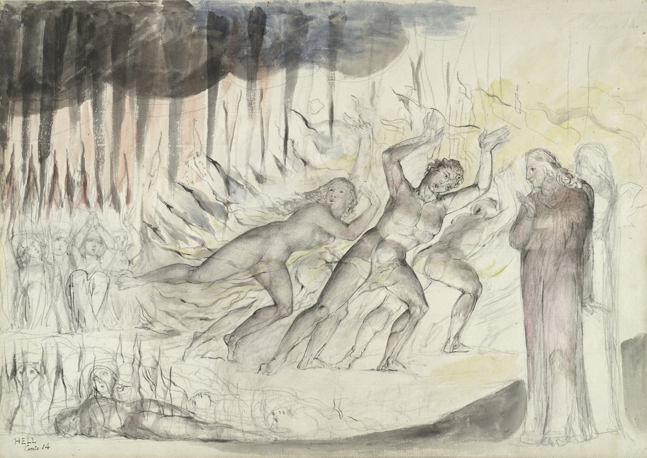 Dante och Vergilius bland hädarna, illustration till den gudomliga komedin av Dante Alighieri, 1824-27 (penna och bläck med wc över penna och krita på papper) av William Blake