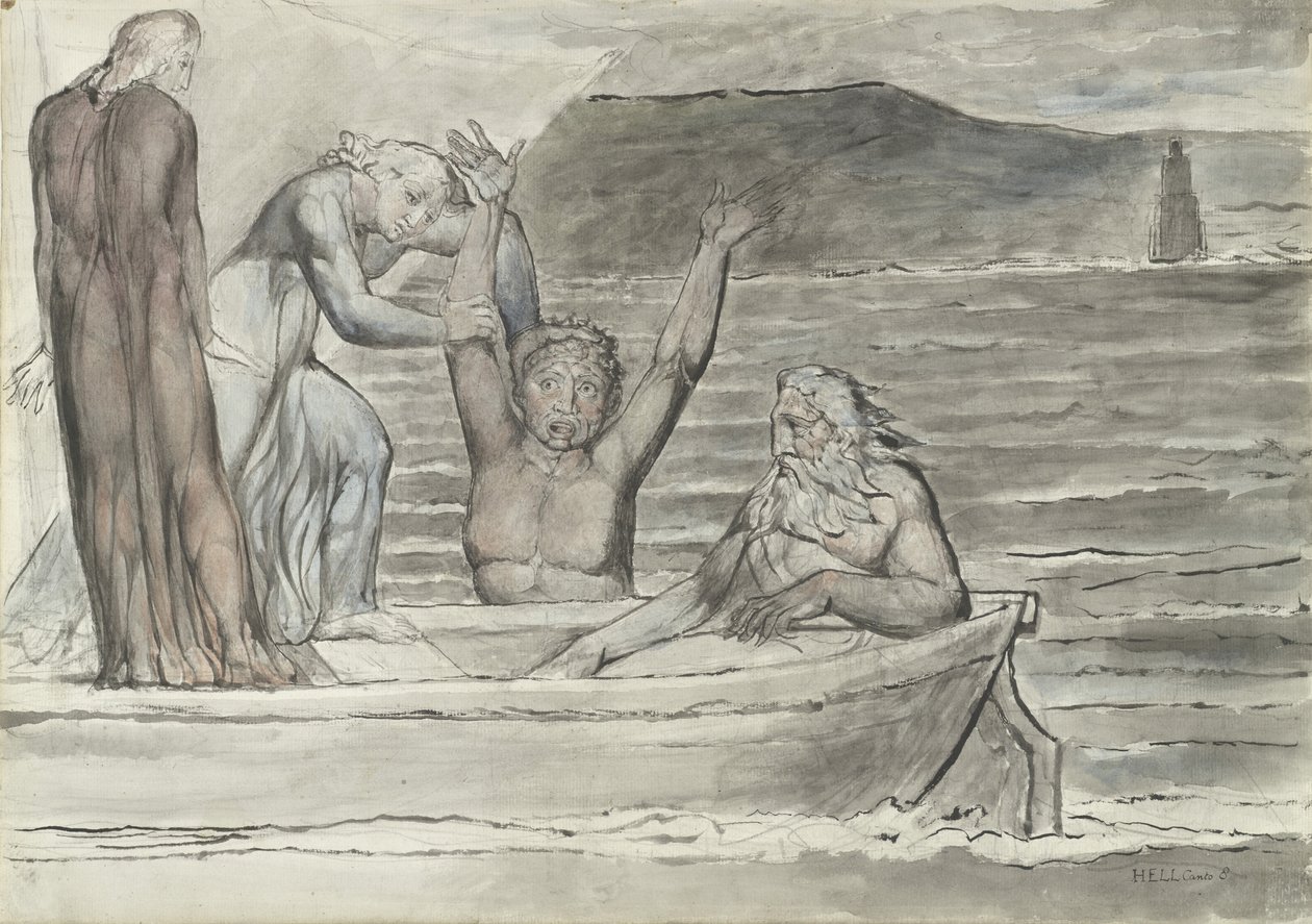 Dante och Vergilius i Phlegyas skiff hyllas av Filippo Argenti, illustration till den gudomliga komedin av Dante Alighieri, 1824-27 (penna och bläck med wc över penna och krita på papper) av William Blake