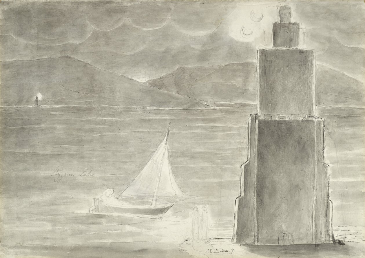 Dante and Virgil on the Edge of the Stygian Pool, illustration till den gudomliga komedin av Dante Alighieri, 1824-27 (penna och bläck med wc, tvätt och krita på papper) av William Blake