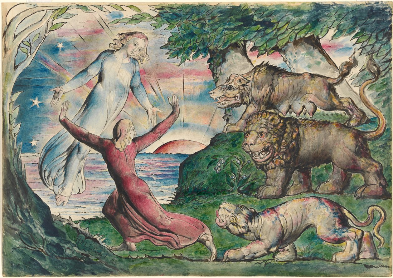 Dante springer från de tre djuren av William Blake