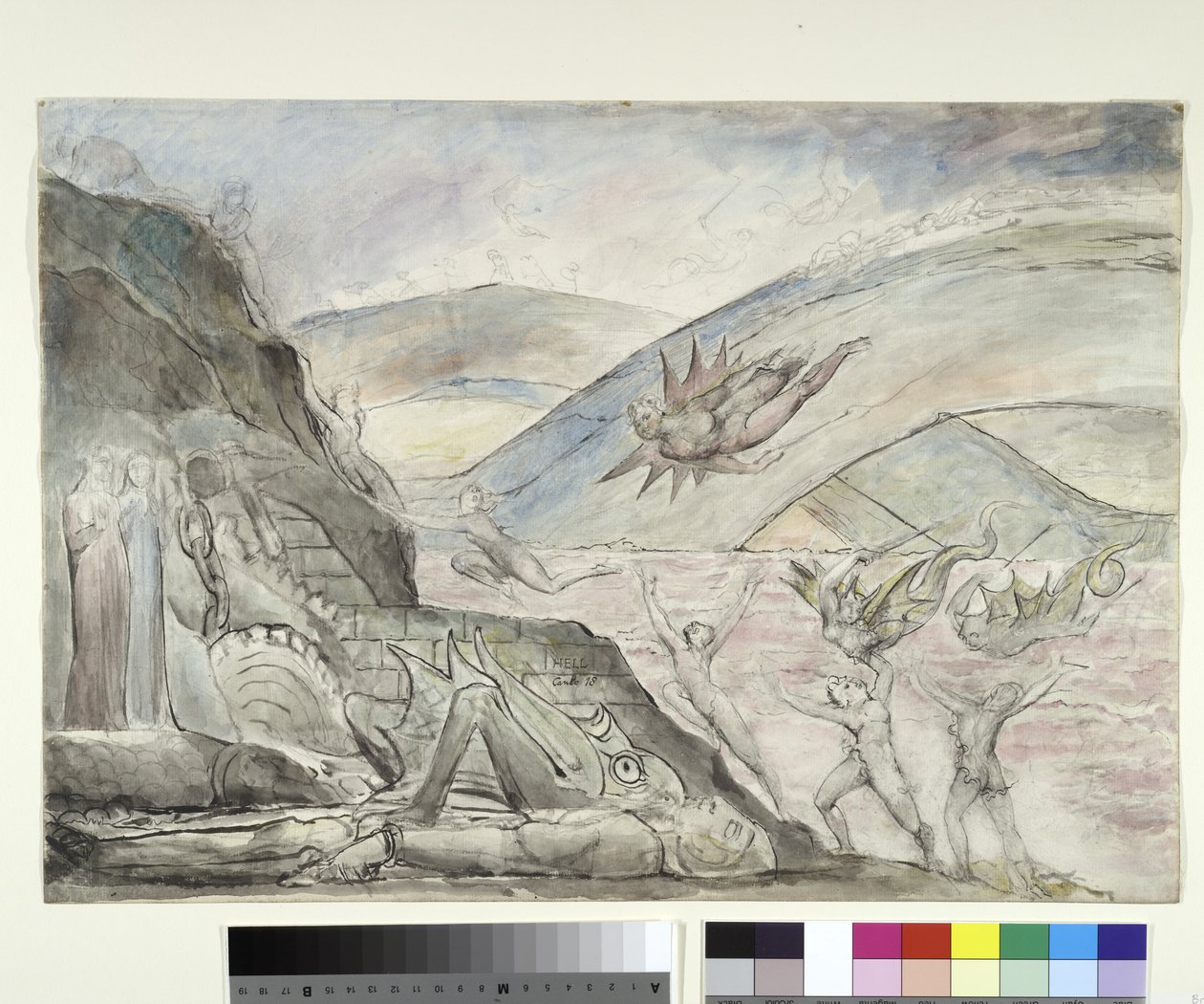 Demoner som plågar förförarna i Malebolge, illustration till den gudomliga komedin av Dante Alighieri, 1824-27 (penna och bläck med wc över penna och krita på papper) av William Blake