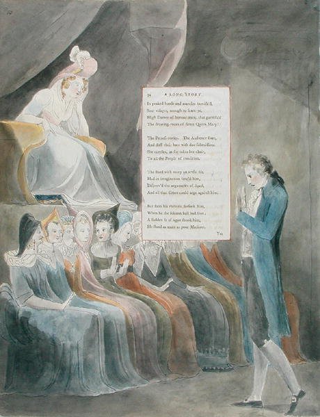 Design 32 for A Long Story in The Poems of Thomas Gray, publicerad 1797-98 (wc med penna och bläck på papper) av William Blake