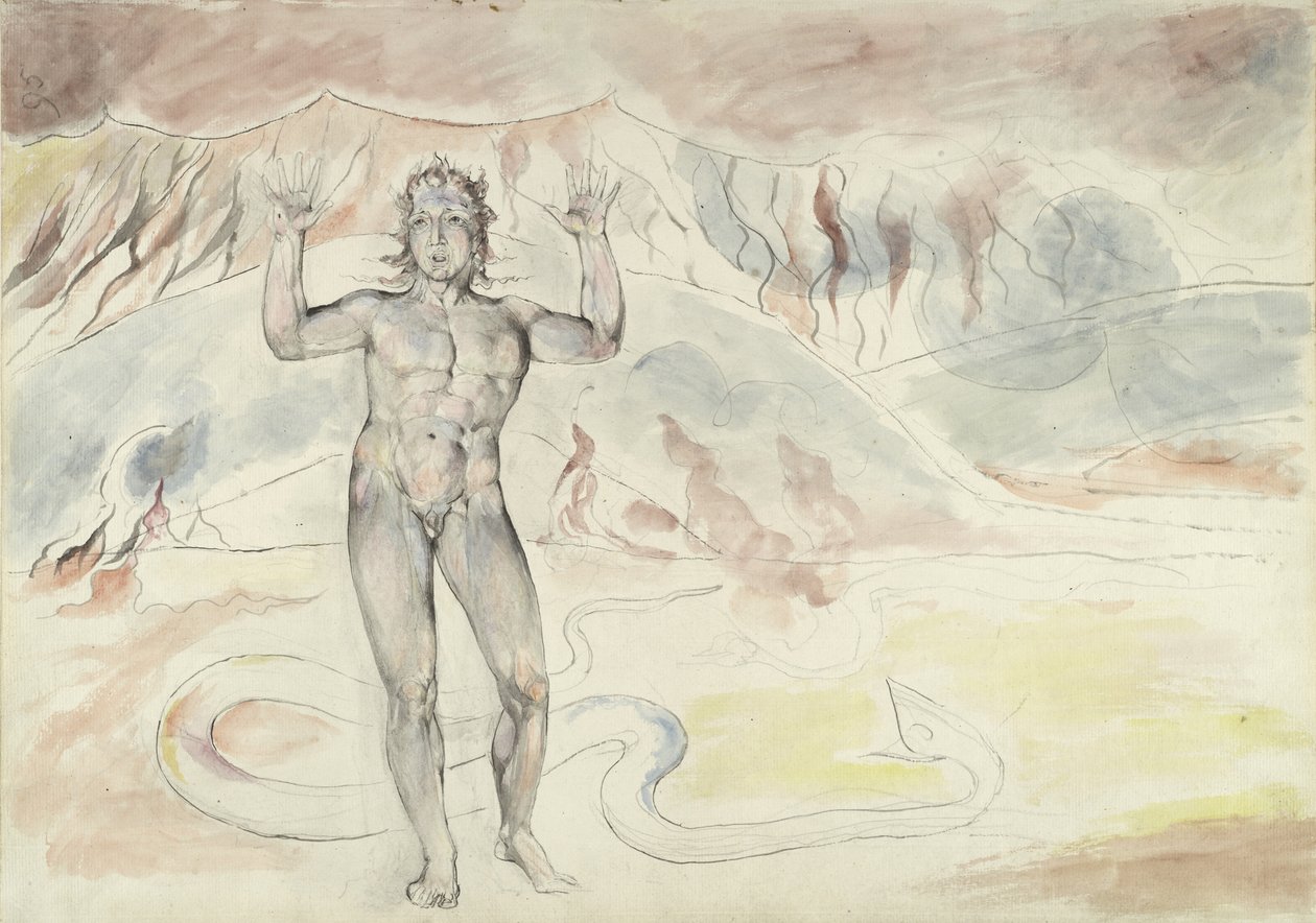 Donati förvandlades till en orm; Francesco deCavalcanti omvandlades till en man, illustration till den gudomliga komedin av Dante Alighieri, 1824-27 (penna och bläck med wc över penna och krita på papper) av William Blake