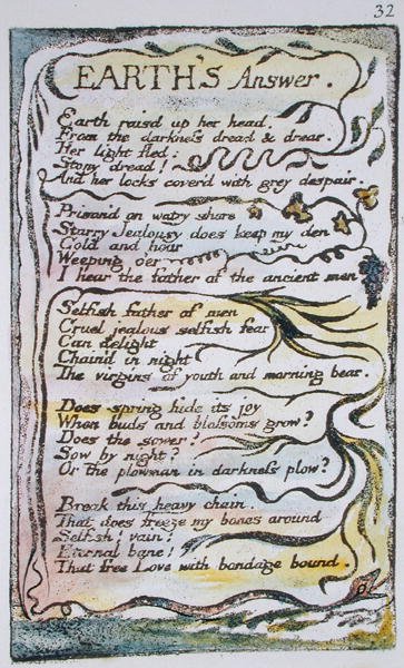 Earths Answer, plåt 32 (Bentley 31) från Songs of Innocence and of Experience (Bentley Copy L) 1789-94 (reliefetsning med penna och wc) av William Blake