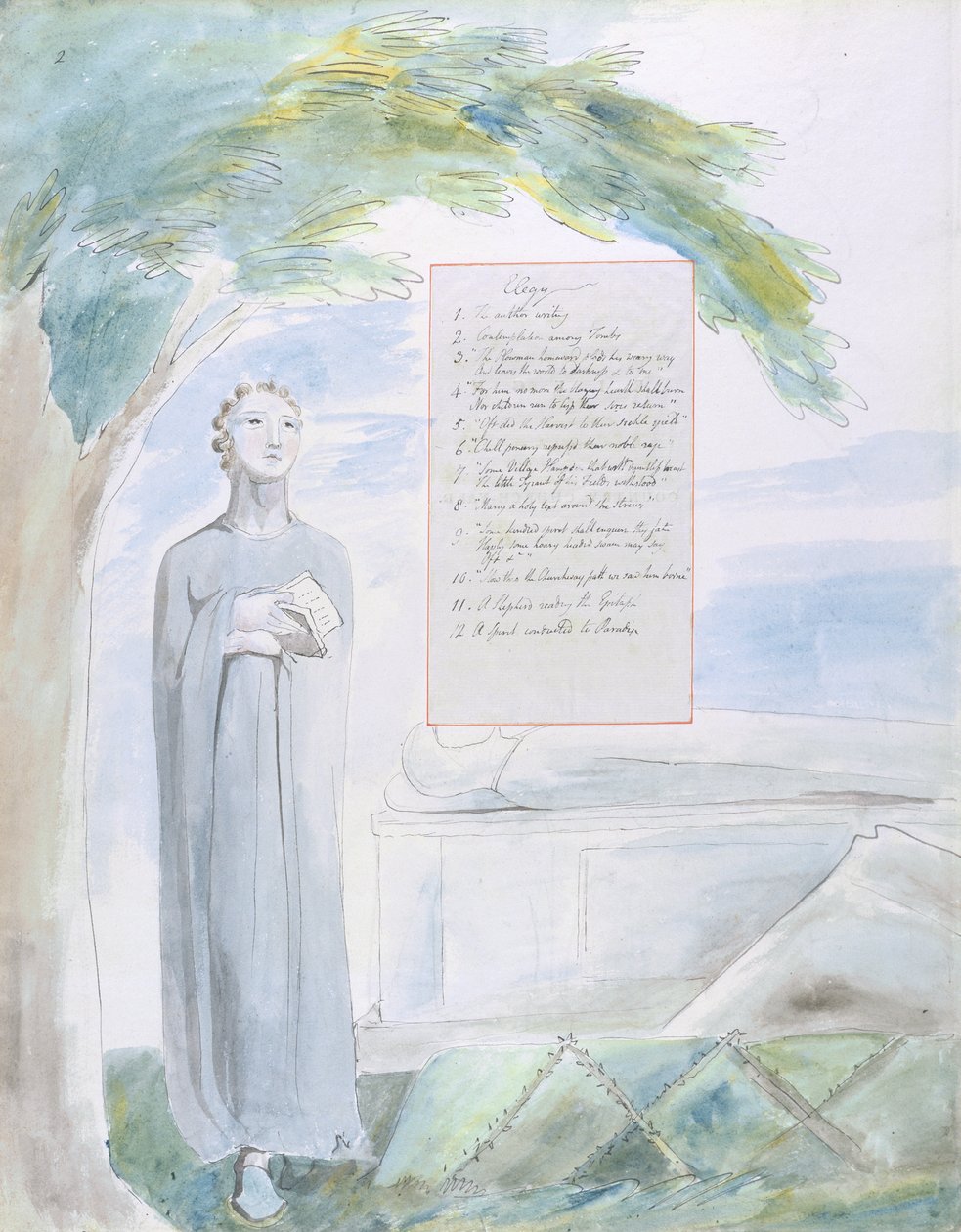 Elegi skriven i en lantlig kyrkgård, design 106 från The Poems of Thomas Gray, 1797-98 (wc med penna och bläck på papper) av William Blake