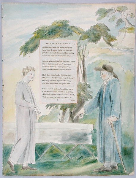 Elegi skriven i en lantlig kyrkgård, design 113 från The Poems of Thomas Gray, 1797-98 (wc med penna och bläck på papper) av William Blake