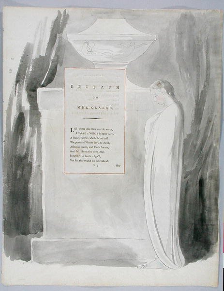 Epitafium på Mrs Clarke, design 103 från The Poems of Thomas Gray, 1797-98 (wc med penna och bläck på papper) av William Blake