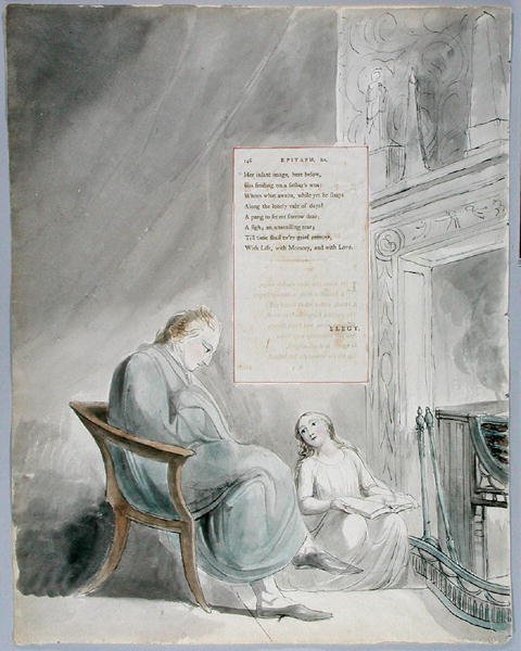 Epitafium på Mrs Clarke, design 104 från The Poems of Thomas Gray, 1797-98 (wc med penna och bläck på papper) av William Blake