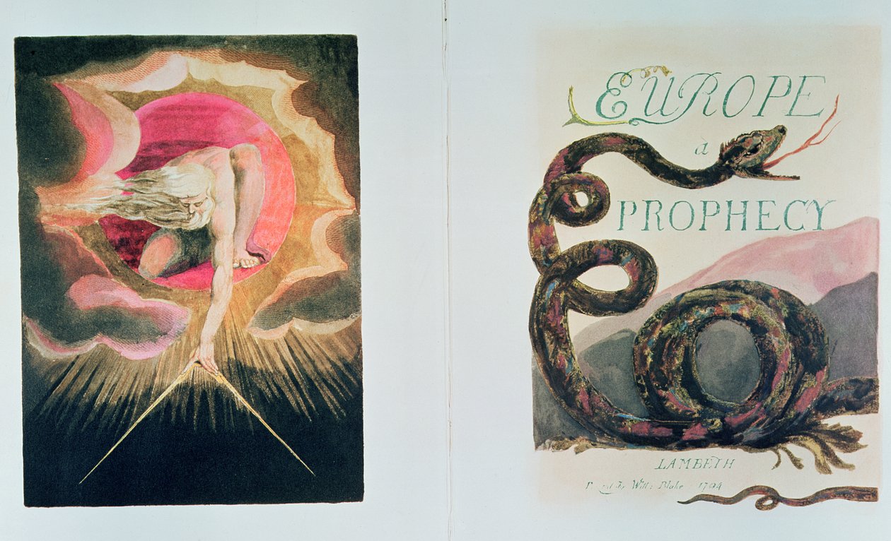 Europa en profetia; Vänster till höger framsida och titelblad; Gud skapar universum (skapandet av den materiella världen av Jehova i skepnad av Urizen, förkroppsligandet av fantasilöst förnuft), av William Blake
