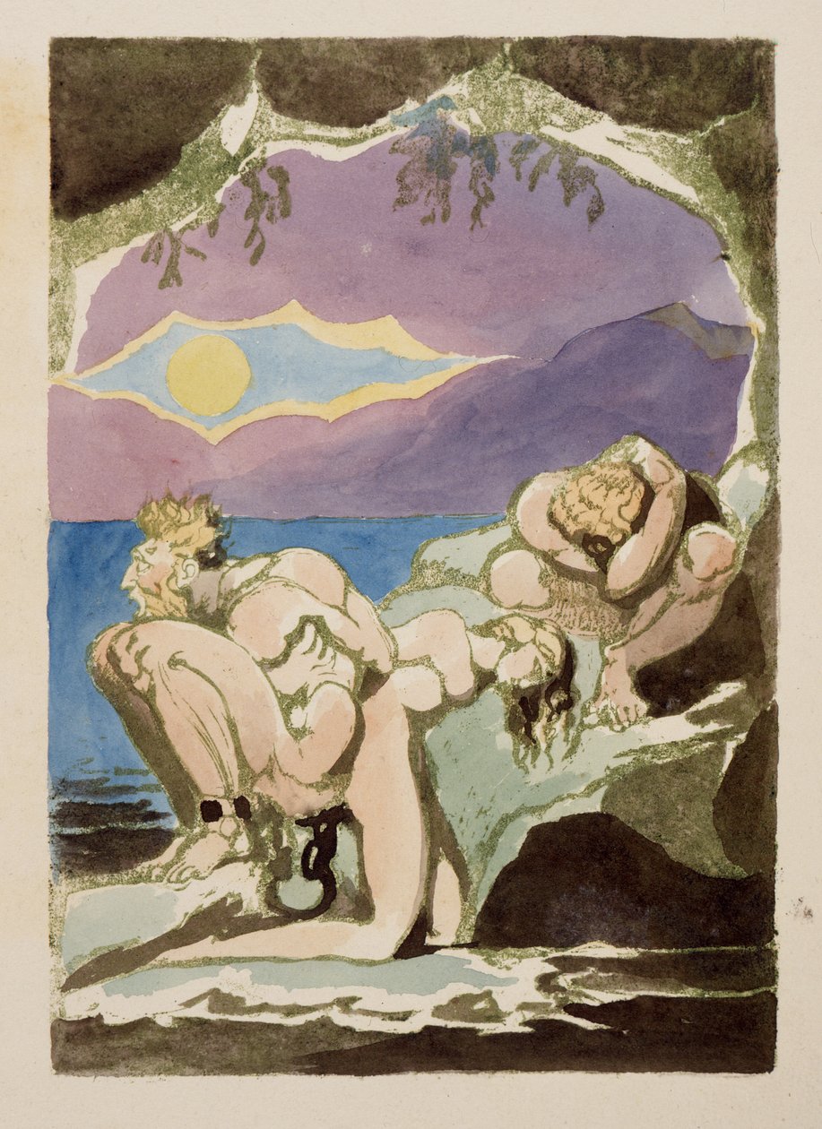 Figurer på stenar, ovanför dem dyker en sol upp i ett avbrott av tunga moln, från Visions of the Daughters of Albion, 1793 (reliefetsning med wc) av William Blake